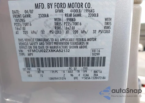 2008 Ford Escape Xls/Xls Manual z USA, uszkodzony, nr VIN 1FMCU02ZX8KA52132